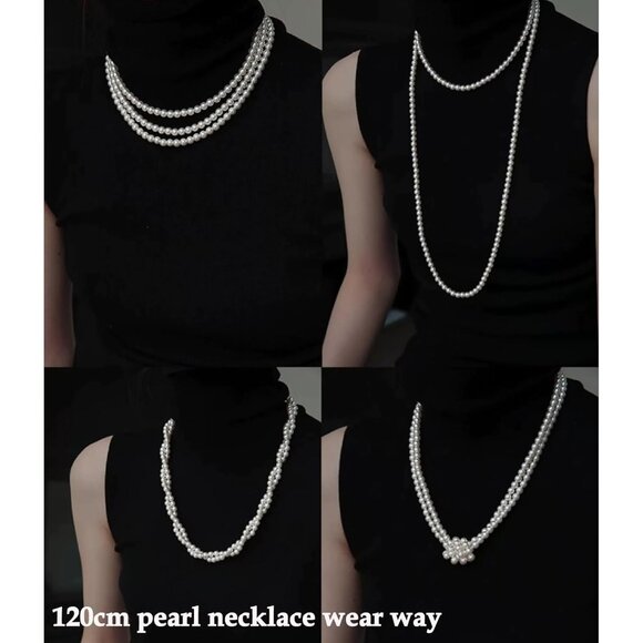 Long Pearl Necklaces for Women,Vintage Elegant Faux White Pearl Multi Strand Lay - Picture 2 of 7